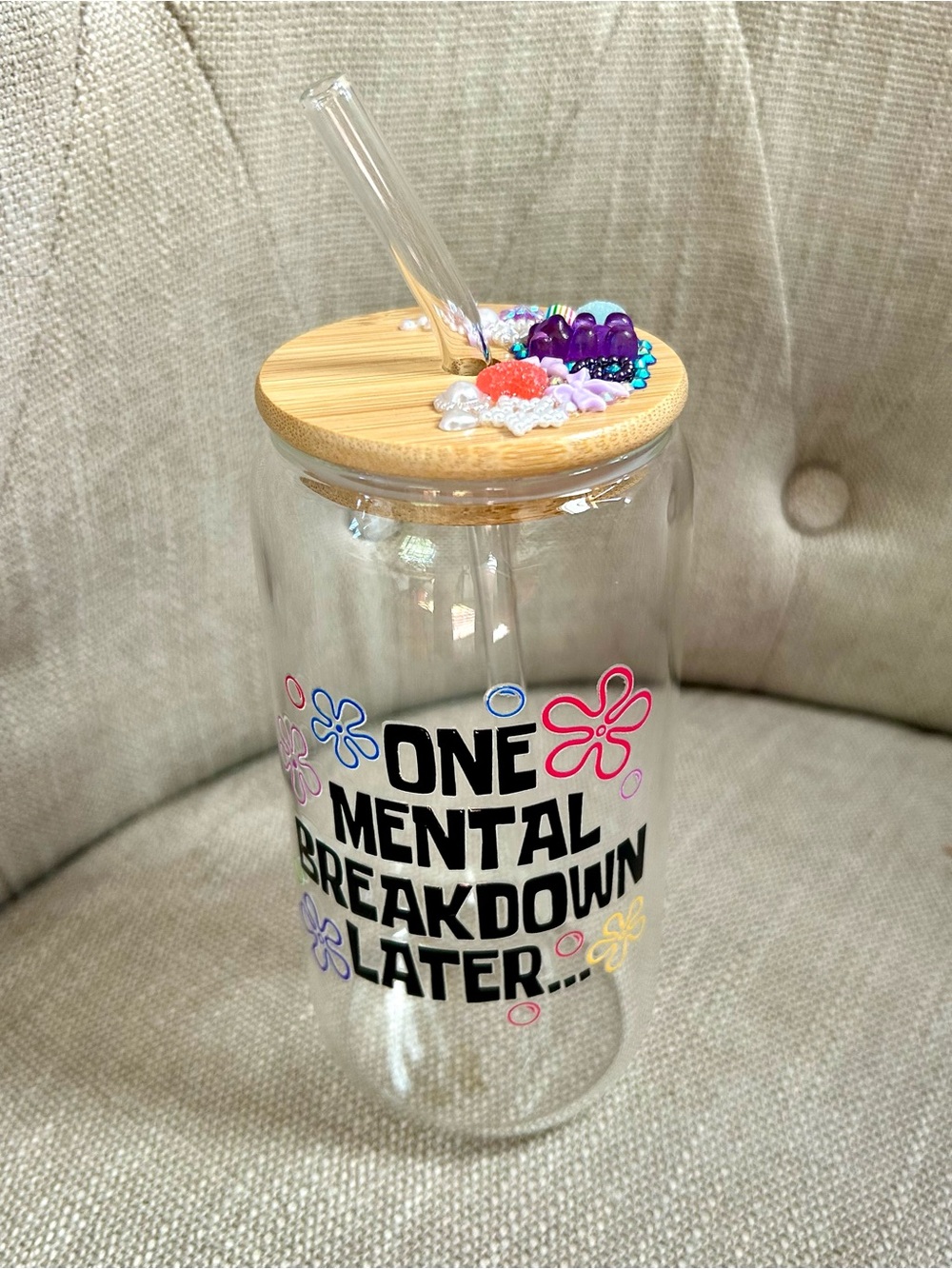 One Mental Breakdown Later Junk Bedazzled Glass Tumbler Bamboo Lid Birthday Gift